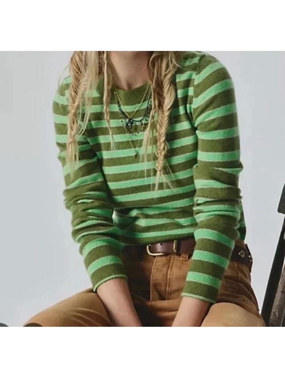 Free People Malibu Striped Cashmere Crewneck Sweater — Lime Combo | XS | NWT